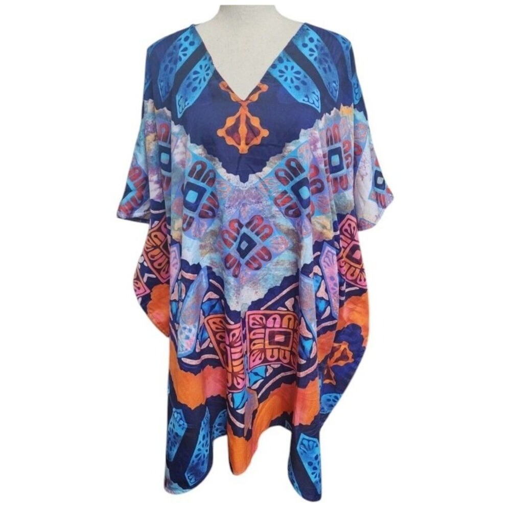 Gypsie Blu Kaftan Tunic Geometric Boho Kimono Sleeve One Size Flowy